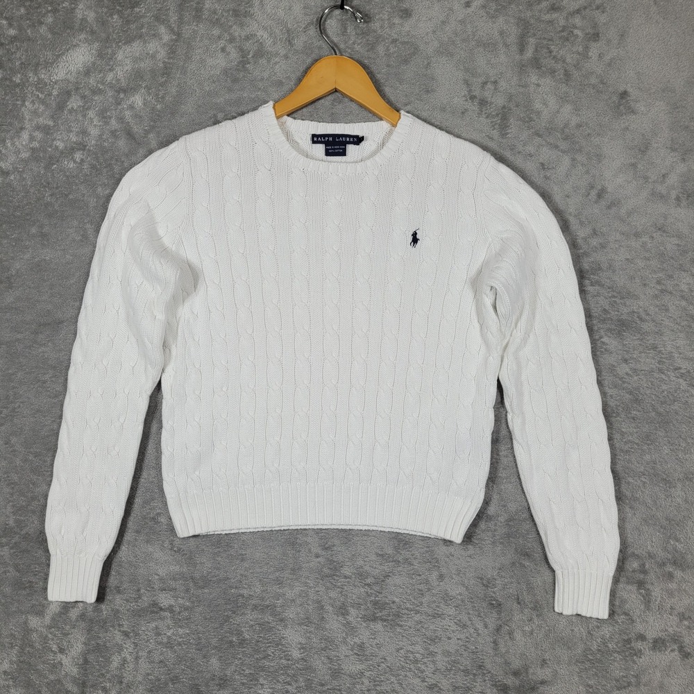Vintage Ralph Lauren Sweater Women L White Cable Knit Crew Neck Cotton Pony Logo